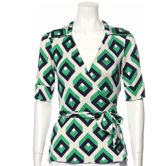 Diane Von Furstenberg Tops - DIANE VON FURSTENBERG Vintage Silk Geometric Print Jill Wrap Top Size 2
